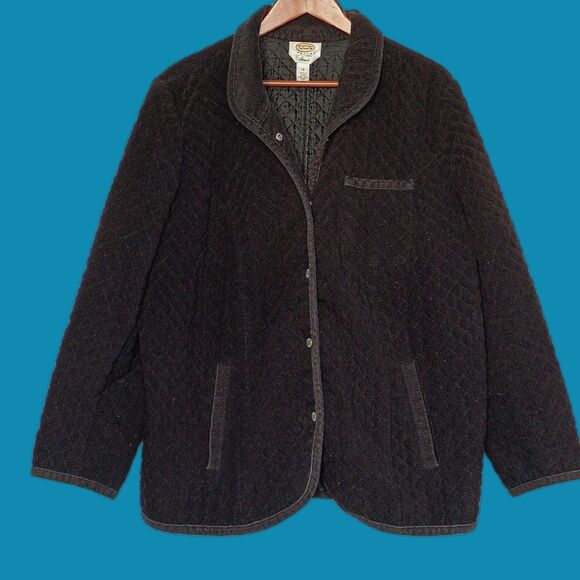 Talbots Black Quilted Jacket Snap Front Corduroy Trim 1XL - Picture 1 of 7